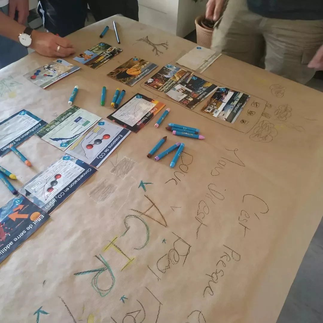Salariés en train de suivre un atelier fresque du climat. Ils forment des flèches de couleur.